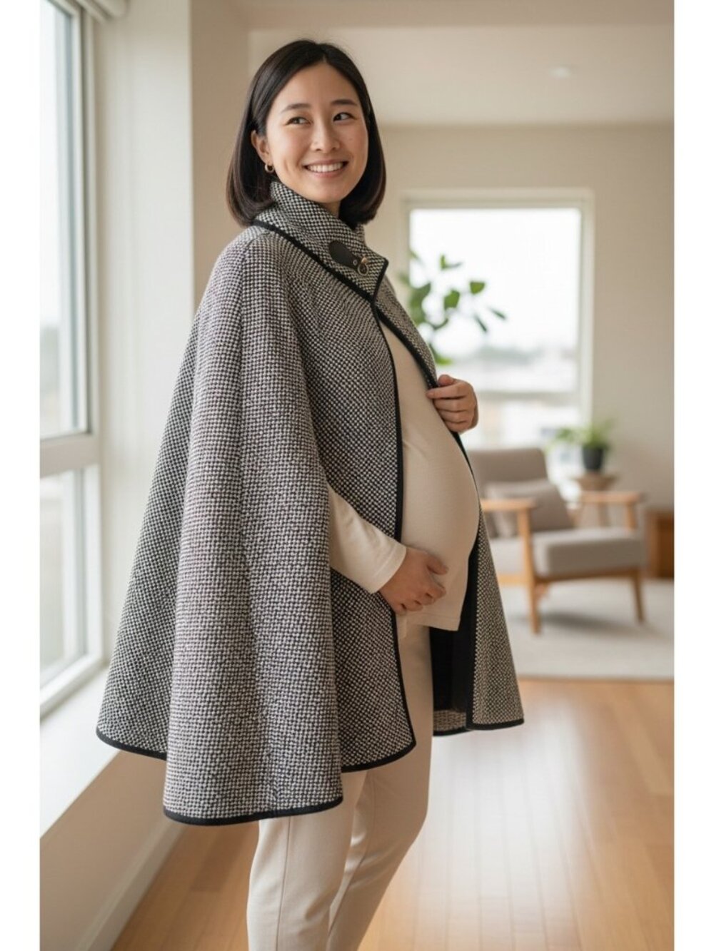Black & Cream Knit Cape Poncho Wrap w/ Toggle Closure One Size